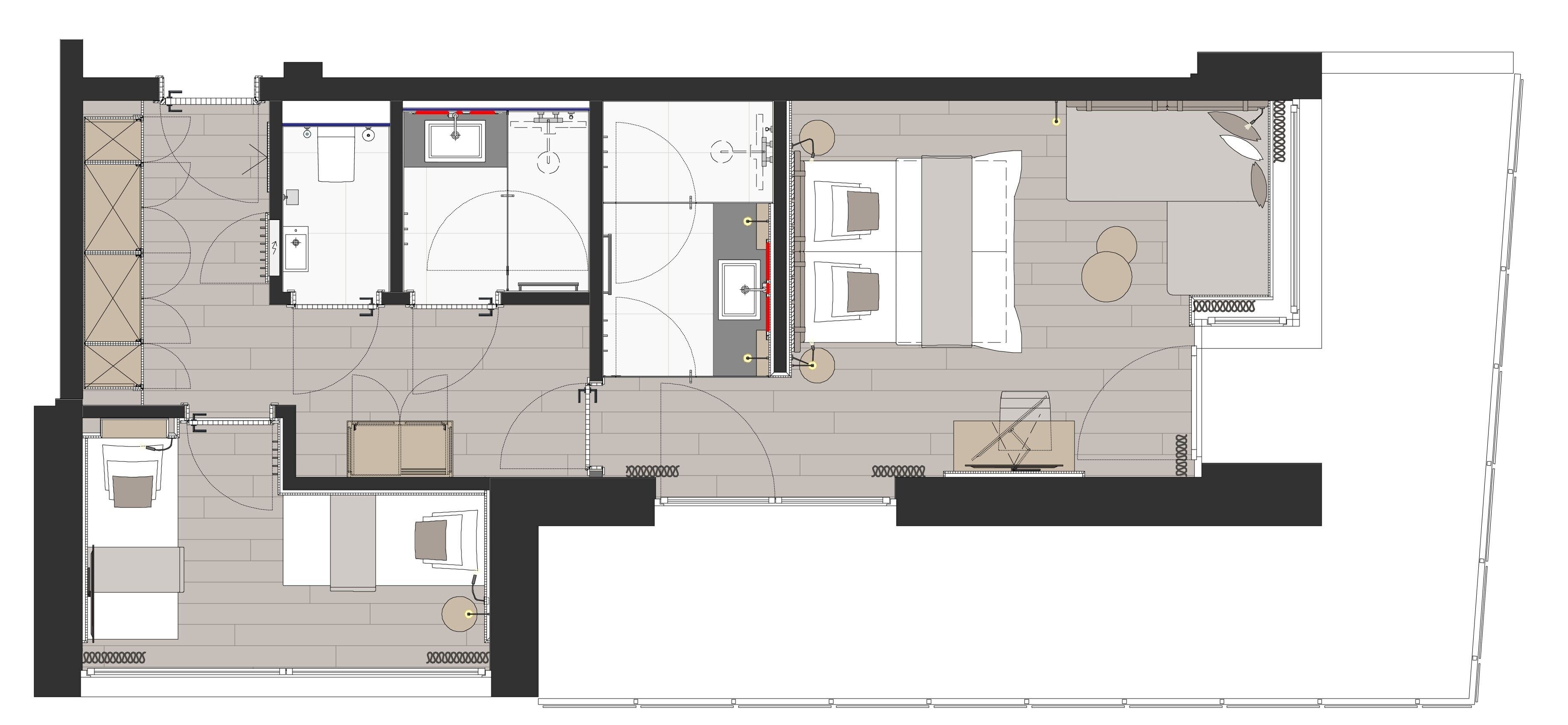 A hotel floor plan with multiple rooms, a gym, and a pool area.