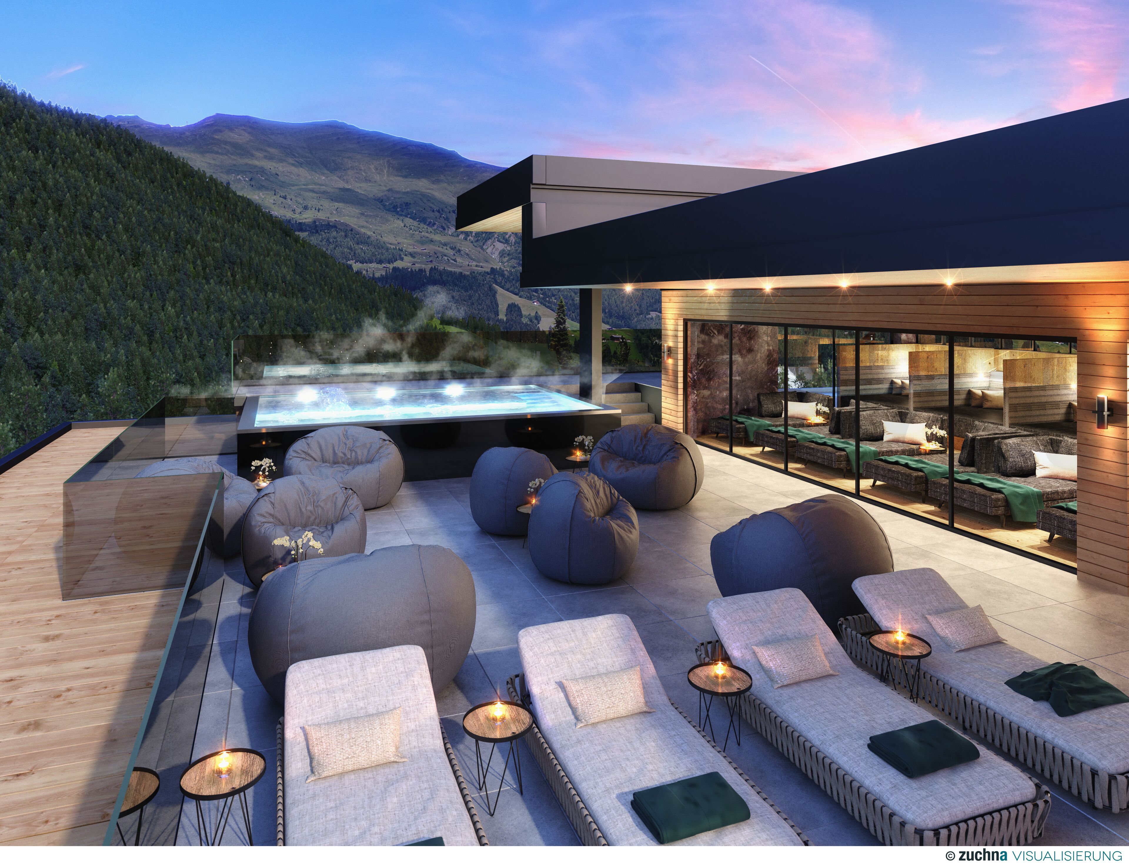 Un área de lounge exterior moderna con asientos y un jacuzzi, con vistas a un paisaje montañoso.