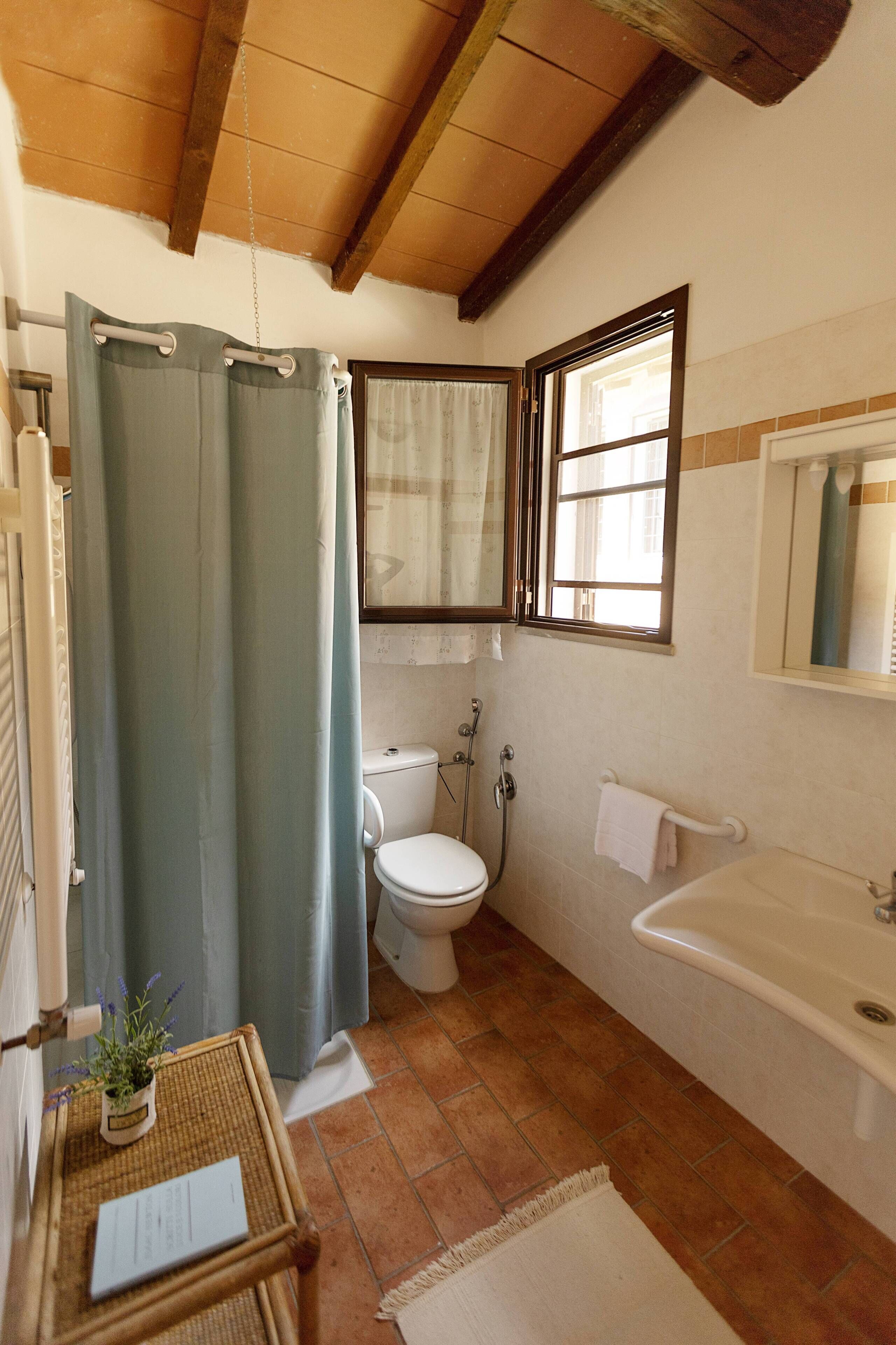 Quarto casal standard, 1 cama de casal, vista para o jardim, no piso térreo | Banheiro | Secador de cabelo, toalhas de banho, papel higiênico 