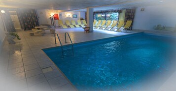 Indoor pool, open 7:30 AM to 8:00 PM, sun loungers