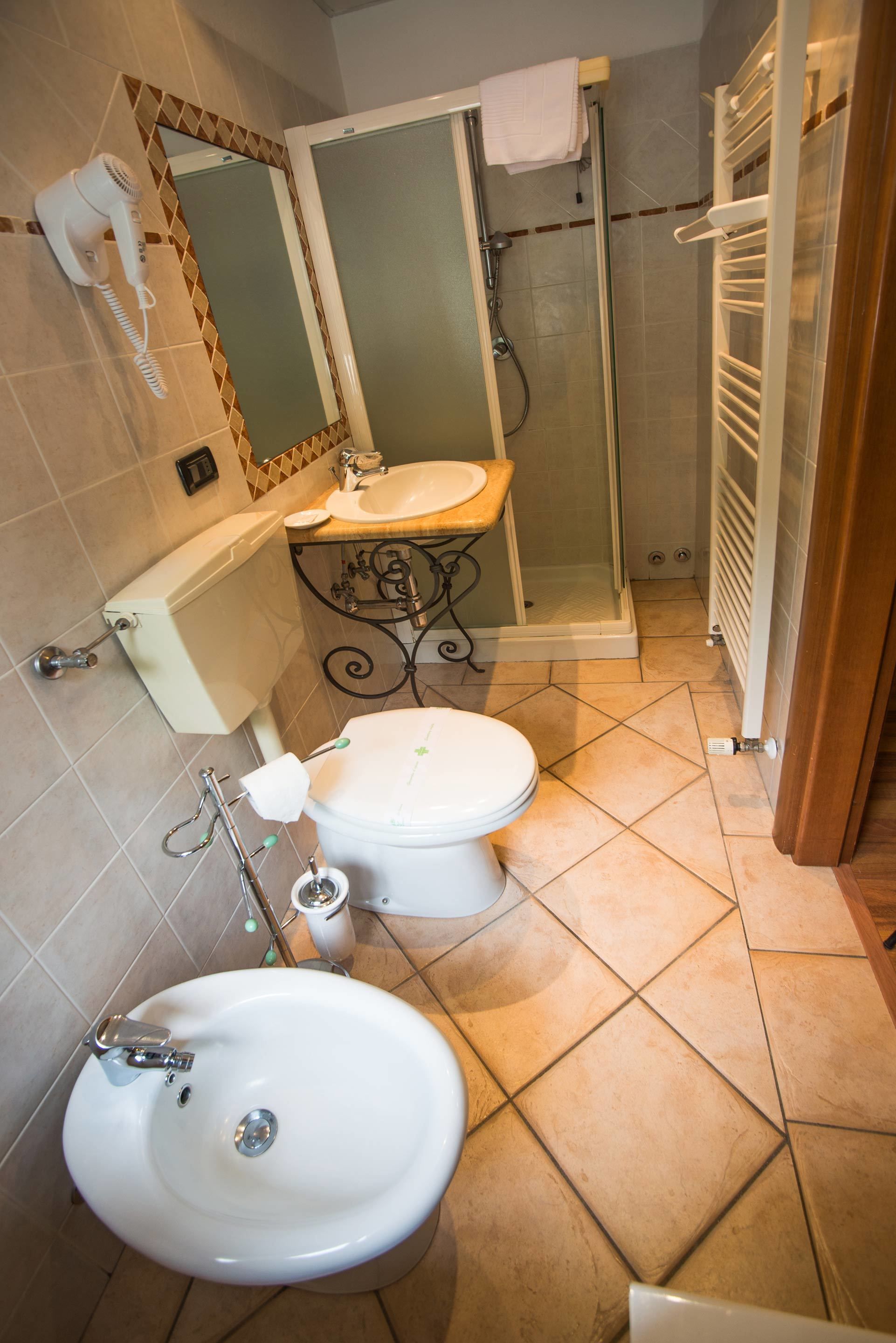 shower, hair dryer, bidet, towels