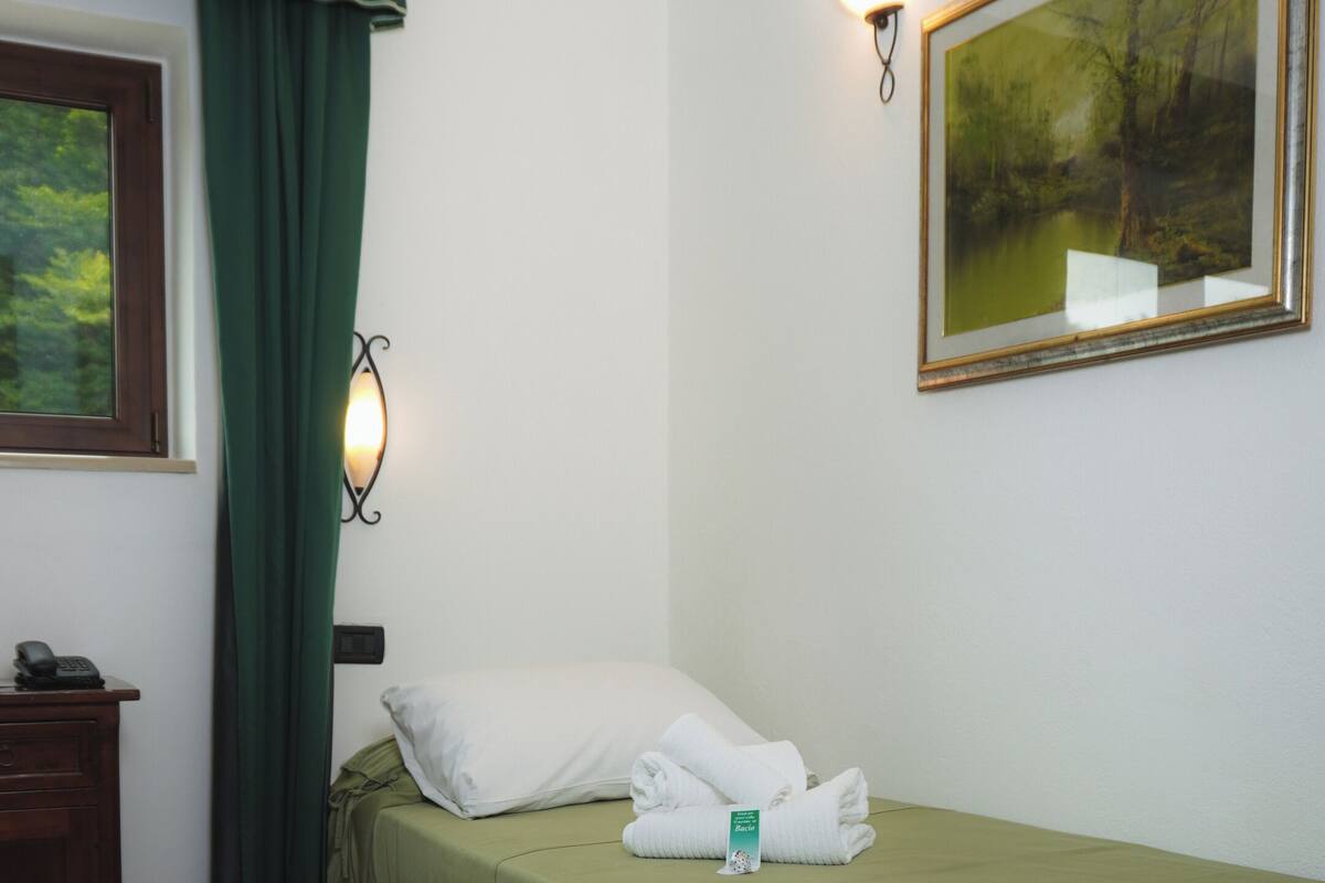 A single bed with a green bedspread, a bedside table with a lamp, a framed painting on the wall, and a window with curtains.