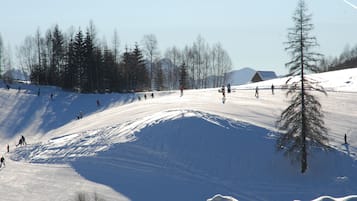 A snowy ski slope with skiers and a lone tree.