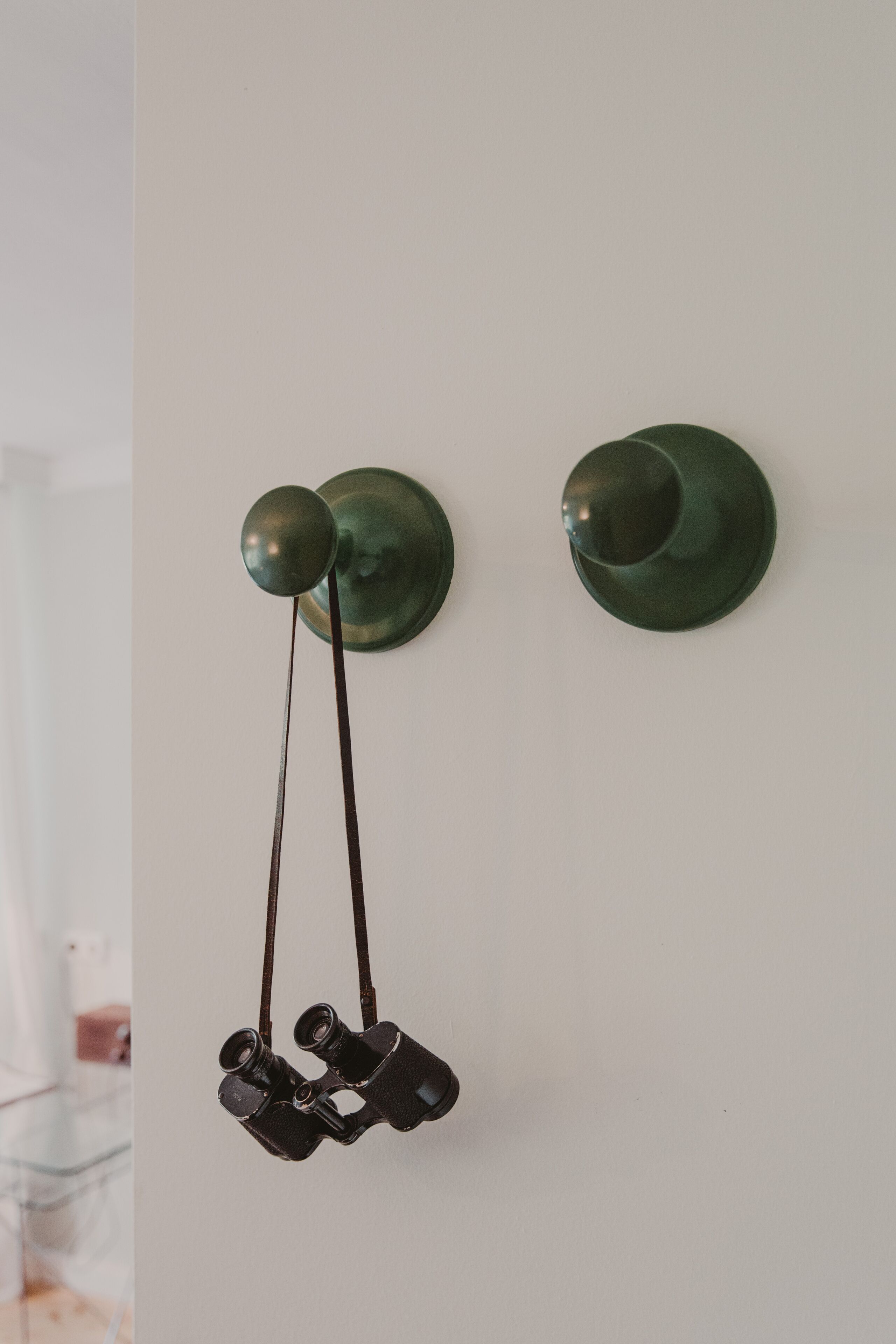 Un par de binoculares antiguos colgados en una pared con dos objetos esféricos verdes.