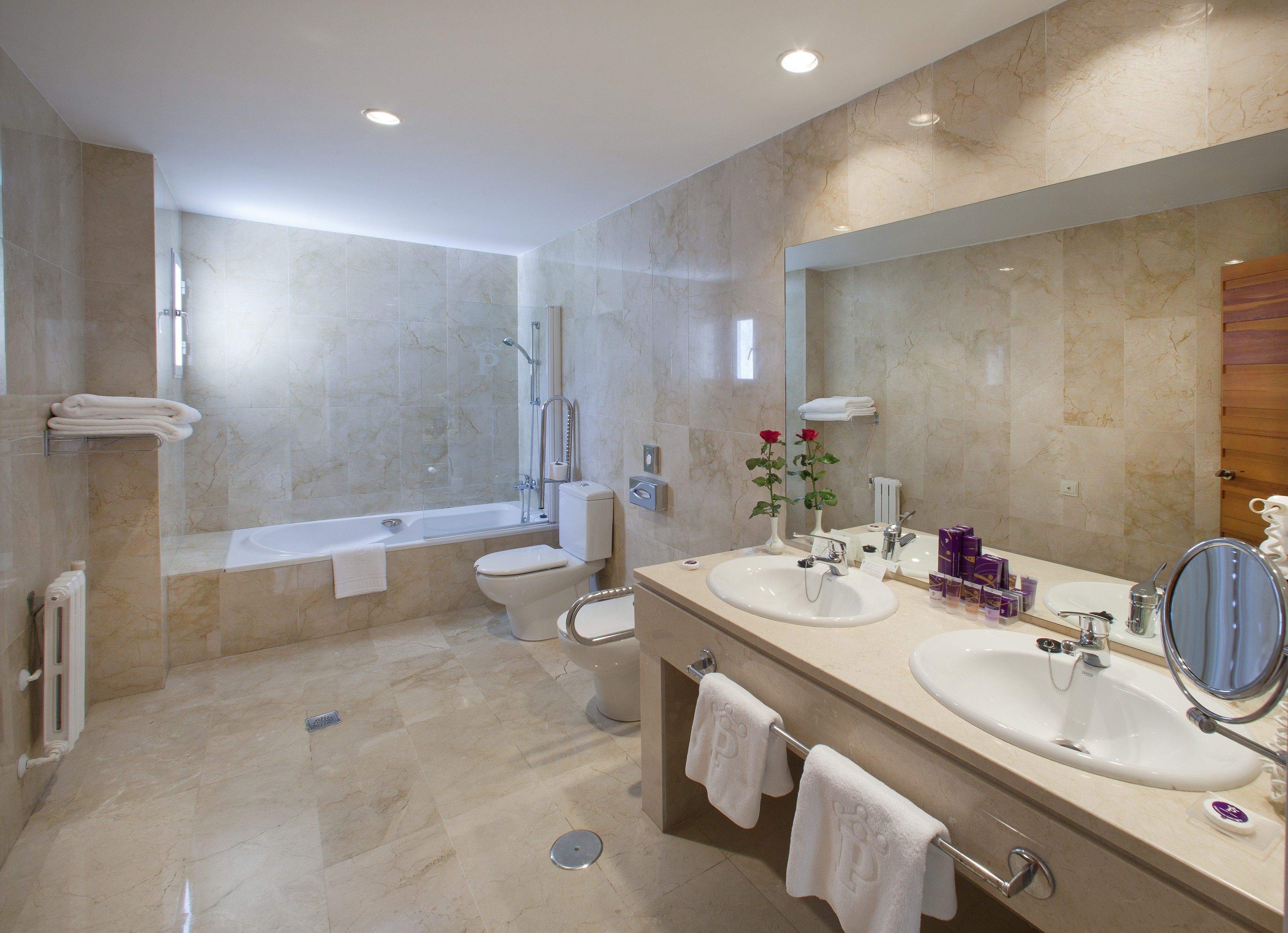 eco-friendly toiletries, hair dryer, bidet, towels