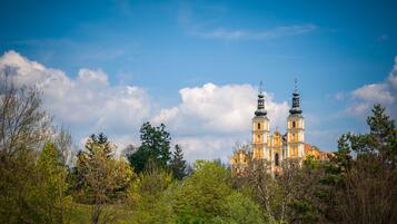 A historic church with two prominent towers and a bell tower, surrounded by lush greenery.