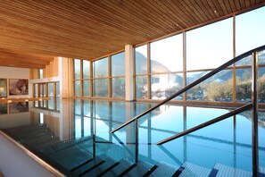 Indoor pool, outdoor pool, pool loungers