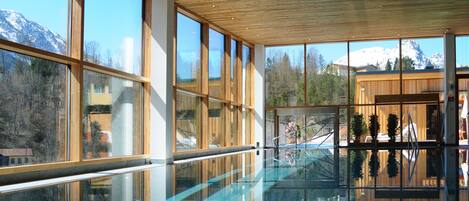 Indoor pool, outdoor pool, pool loungers