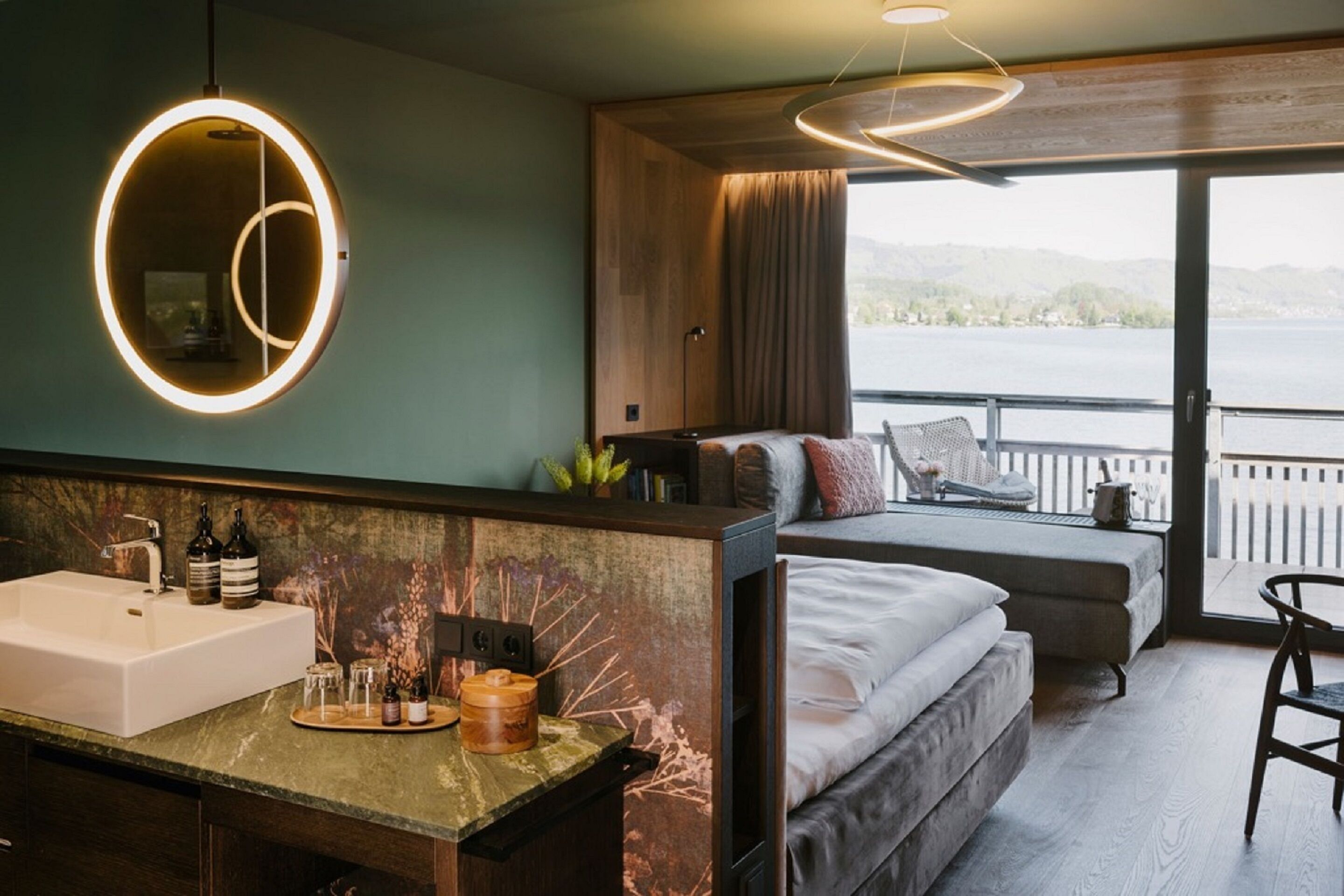 signature double room, 1 king bed, balcony, lake view | living area | tv, tablet