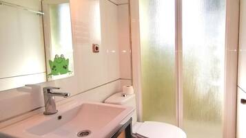 A bathroom with a sink, toilet, and frosted glass shower enclosure.