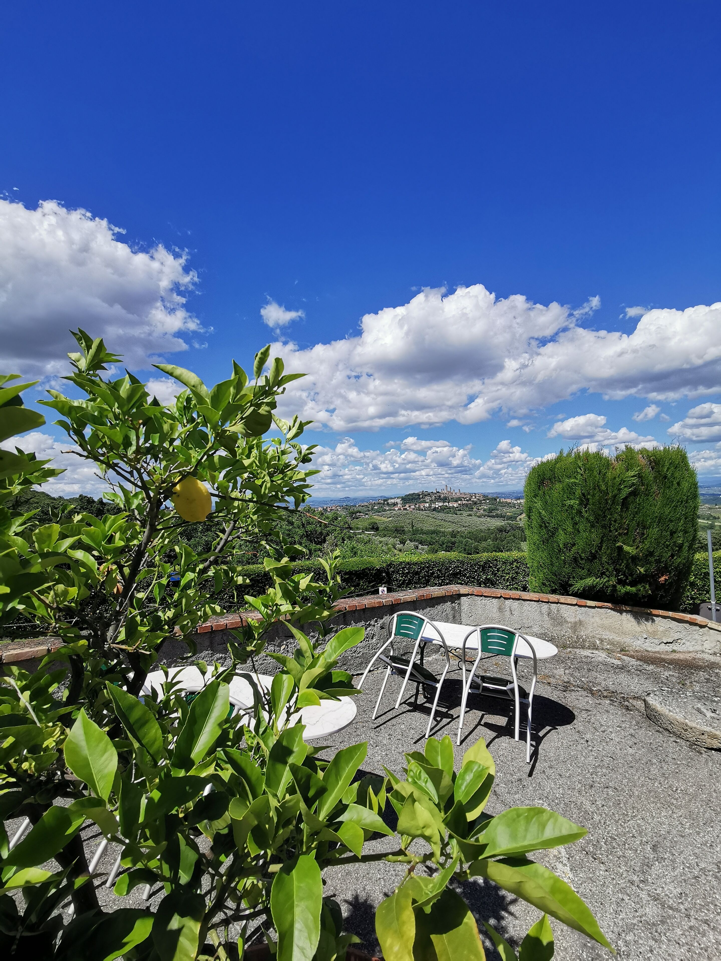 An outdoor seating area with a table and chairs, surrounded by greenery and a view of the countryside.