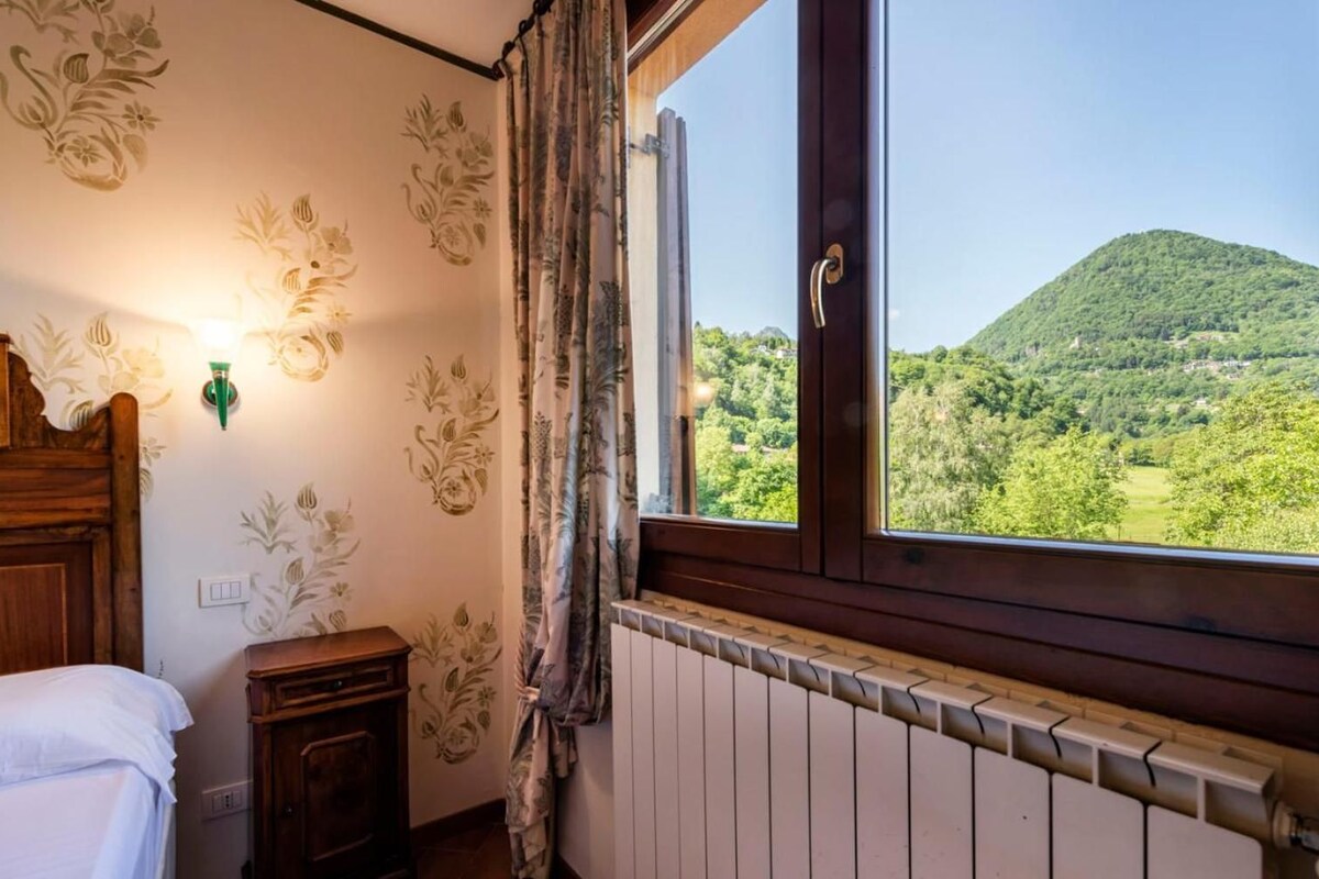 A room with a bed, a nightstand, a wall-mounted light, a window with a view of a green landscape, and a radiator.