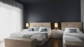 A modern hotel room with two beds, a sofa, and a large window with curtains.