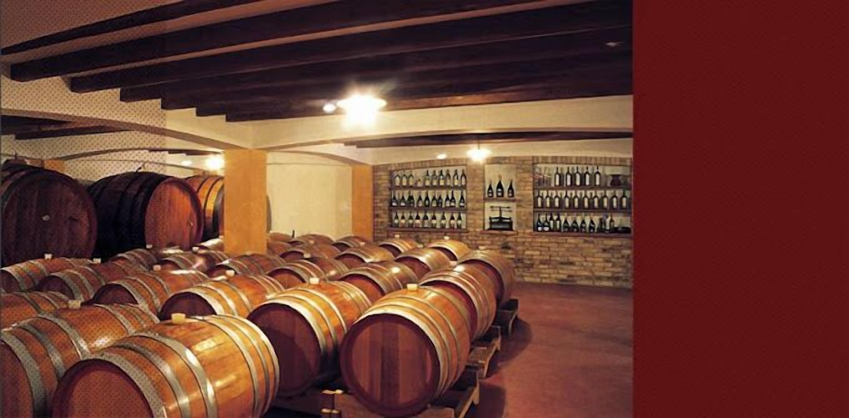 A wine cellar with wooden barrels and shelves of wine bottles.