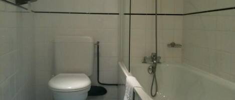 A bathroom with a toilet, a bathtub, and a shower.