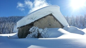 Una cabaña de madera cubierta de nieve con techo inclinado, rodeada por un paisaje nevado y un bosque al fondo.