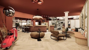 A modern interior with a bar area, seating, and a disco ball. - ibis Styles Annecy Le Vieux (Annecy)
