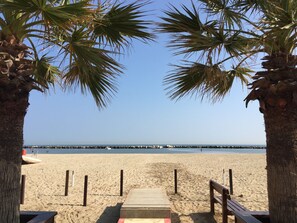 A beach pathway leading to the sea, framed by palm trees, with a wooden bench and a wooden railing. - Hotel Viking (Rimini)