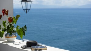 Un balcón con una planta en maceta, un sombrero y un libro, con vista al mar tranquilo.