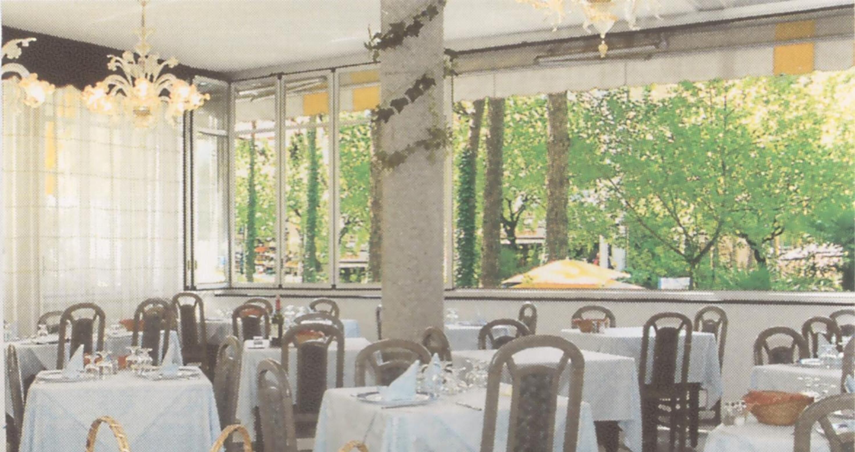 Zona pranzo con tavoli apparecchiati, sedie e un'ampia finestra vista alberi.