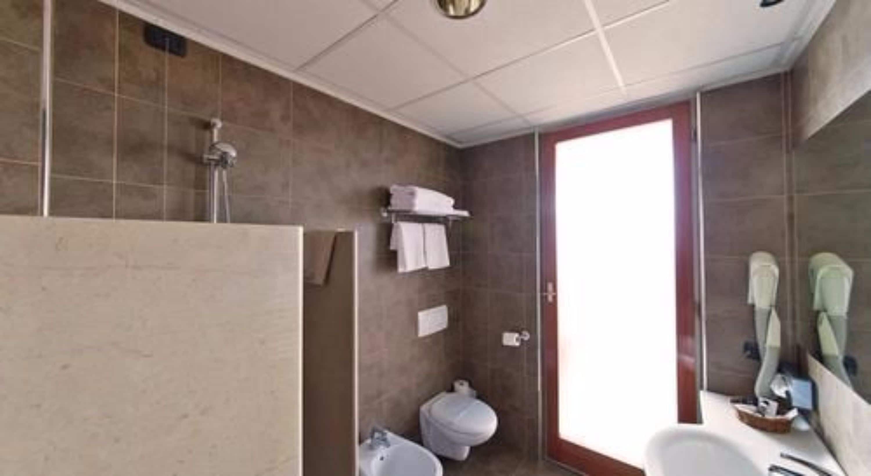 Een badkamer met douche, toilet en wastafel.