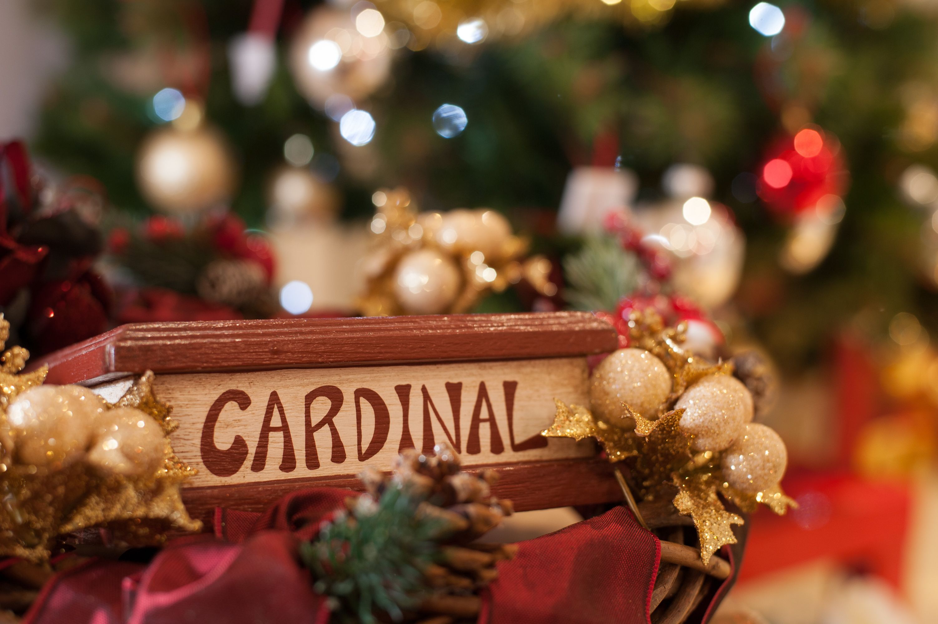 A Christmas decoration with a wooden sign labeled "CARDINAL" surrounded by ornaments and pine cones.
