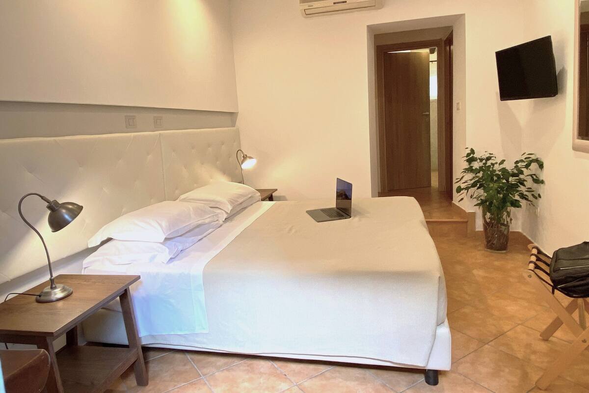 A hotel room with a bed, a desk with a lamp, a laptop, a TV, and a potted plant.