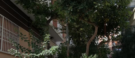 A courtyard with a stone planter, a metal fence, and a building with barred windows.