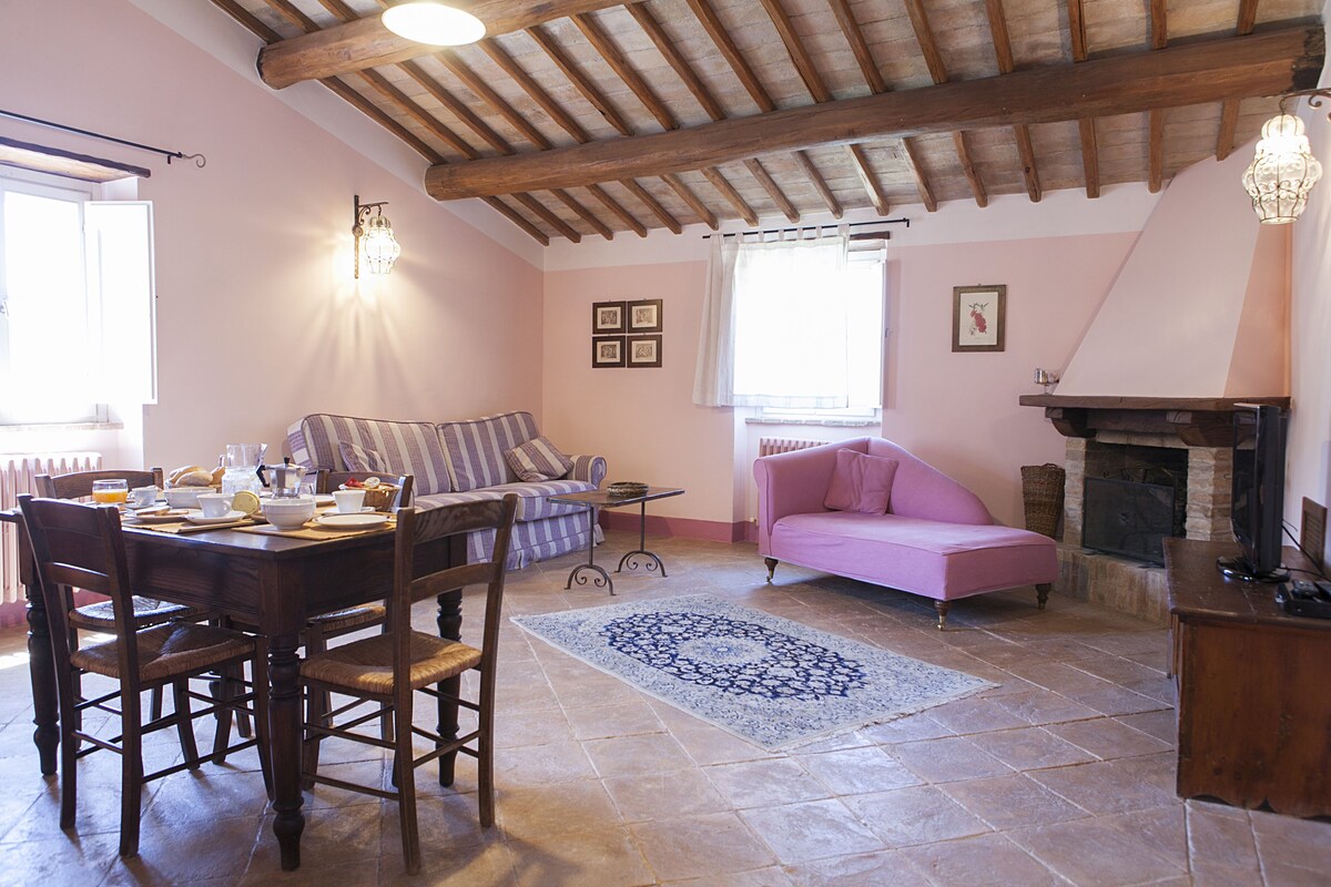 Uma sala de estar acolhedora com uma mesa de jantar, cadeiras, um sofá rosa e uma lareira.