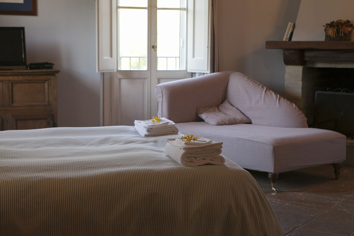 Quarto bem arrumado com uma cama, um sofá e uma lareira.