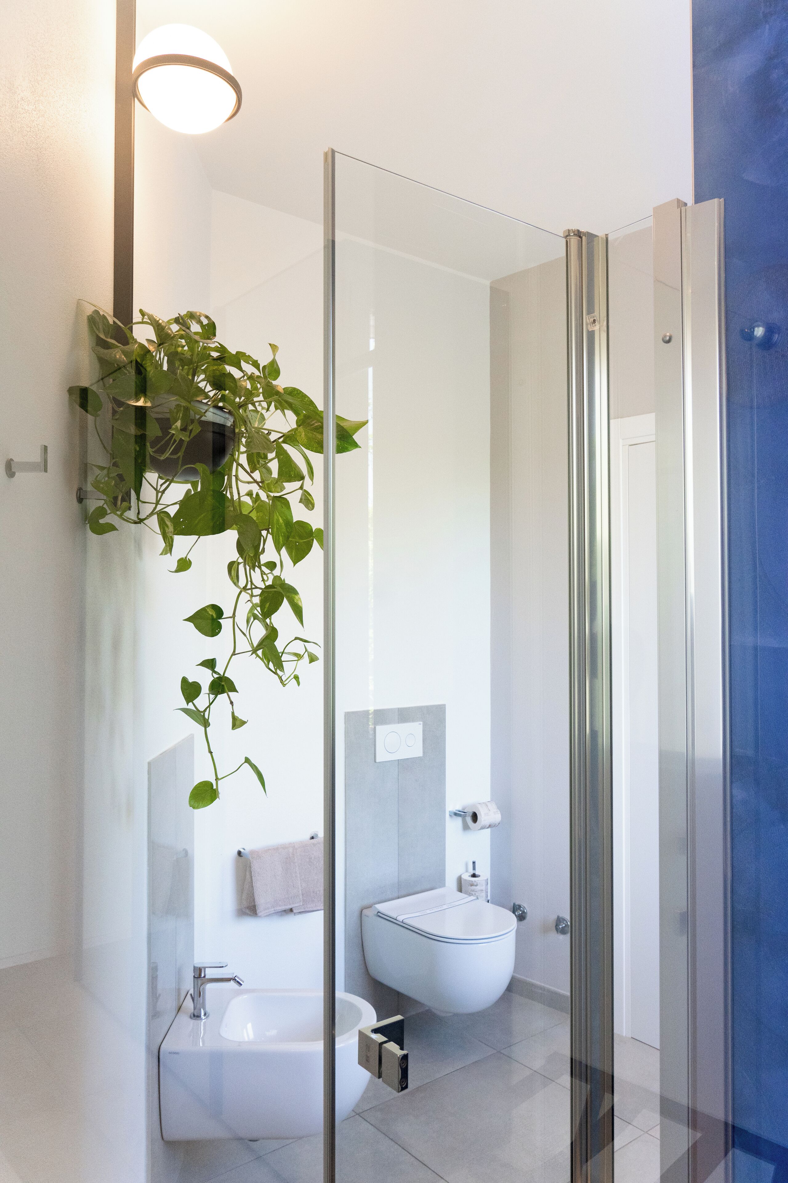 A modern bathroom with a glass shower enclosure, a white bathtub, and a toilet.