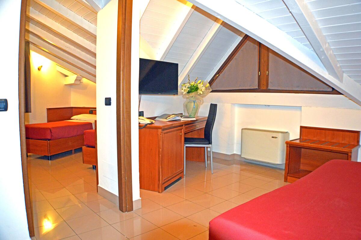 A compact room with a sloped ceiling, a bed, a desk with a chair, a radiator, and a television mounted on the wall.