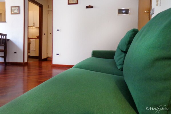 Un canapé vert dans une pièce dont le sol est recouvert de parquet et qui possède une porte donnant sur une cuisine.