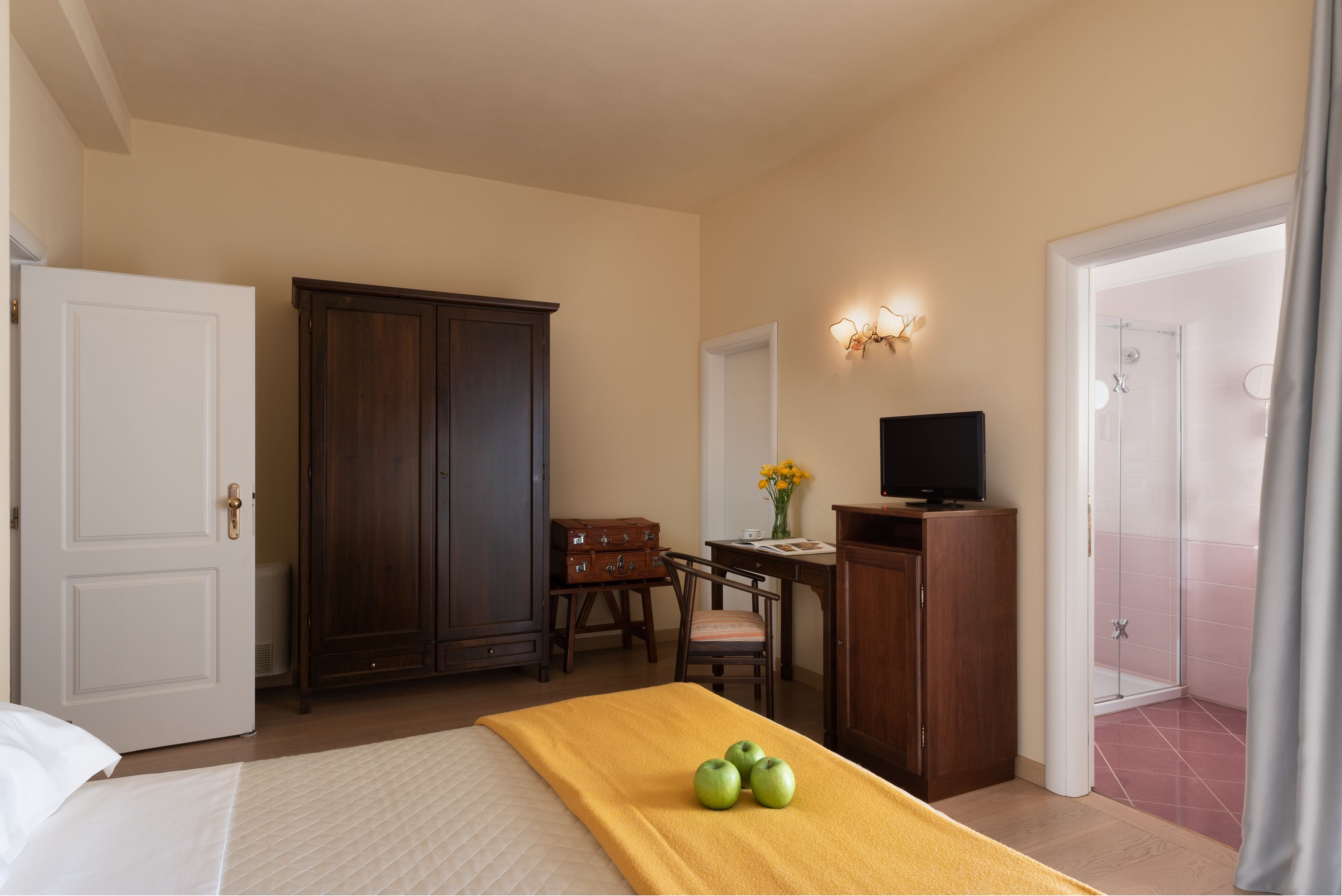 A hotel room with a bed, a desk, a television, a wardrobe, and a shower area.