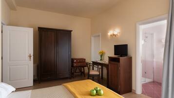 A hotel room with a bed, a desk, a television, a wardrobe, and a shower area.