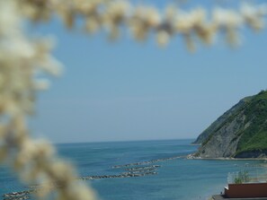 A coastal landscape with a rocky breakwater extending into the sea, a clear sky, and a hillside with sparse vegetation. - Hotel Napoleon (Gabicce Mare)