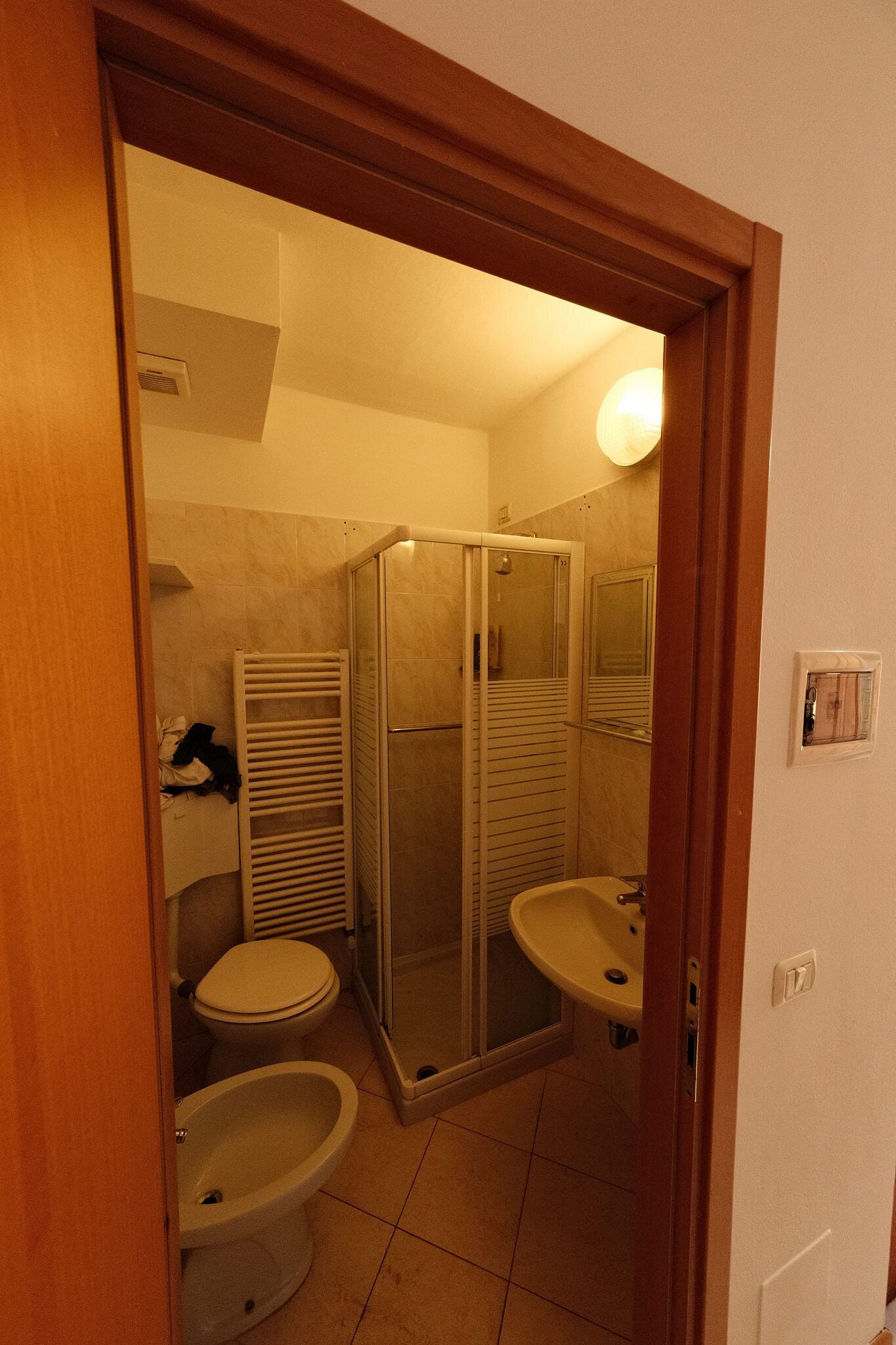 A bathroom with a toilet, bidet, and a shower stall.