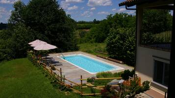 AuĂenpool, geöffnet von 10:00 Uhr bis 20:00 Uhr, Sonnenschirme