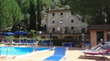 Outdoor pool, pool umbrellas, pool loungers