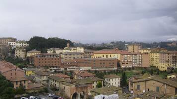 A cityscape with historic buildings, a parking lot, and a river.