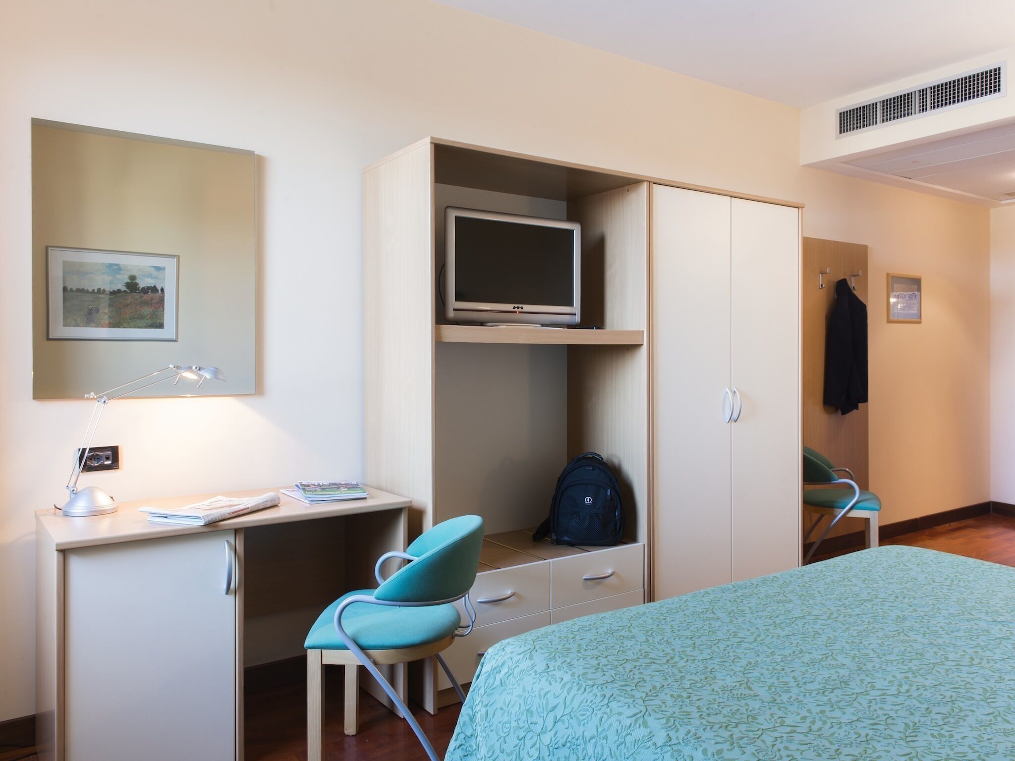 A hotel room with a bed, a desk with a chair, a television, a wardrobe, and a mirror.