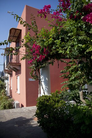 A building with a pink facade, a balcony with a thatched roof, and pink bougainvillea flowers.