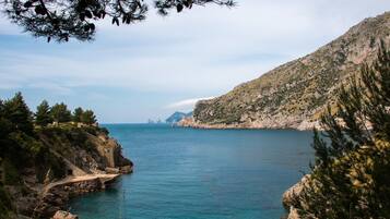 Private beach, black sand, sun loungers, beach umbrellas