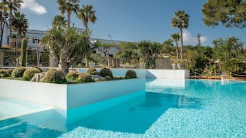 Seasonal outdoor pool, pool umbrellas, pool loungers