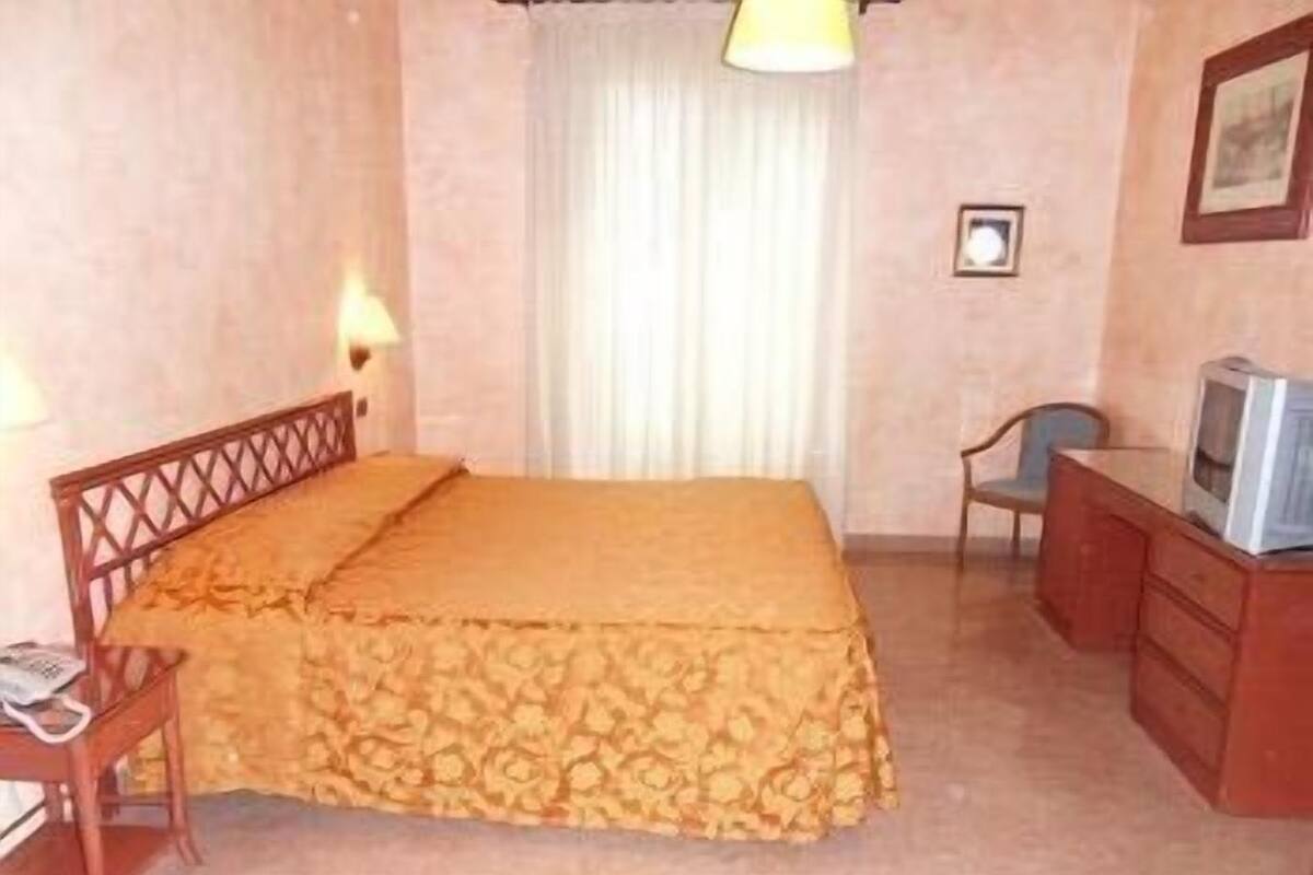 A single bed with a patterned bedspread, a bedside table with a lamp, a chair, a small desk with a telephone, and a television on a wooden cabinet.
