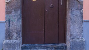A brown wooden door with a metal handle, set within a stone archway. - Orchid Corner (Meta)