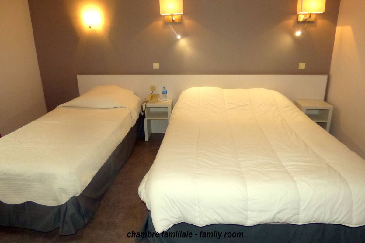 A family room with two single beds, bedside tables, and wall-mounted lamps.