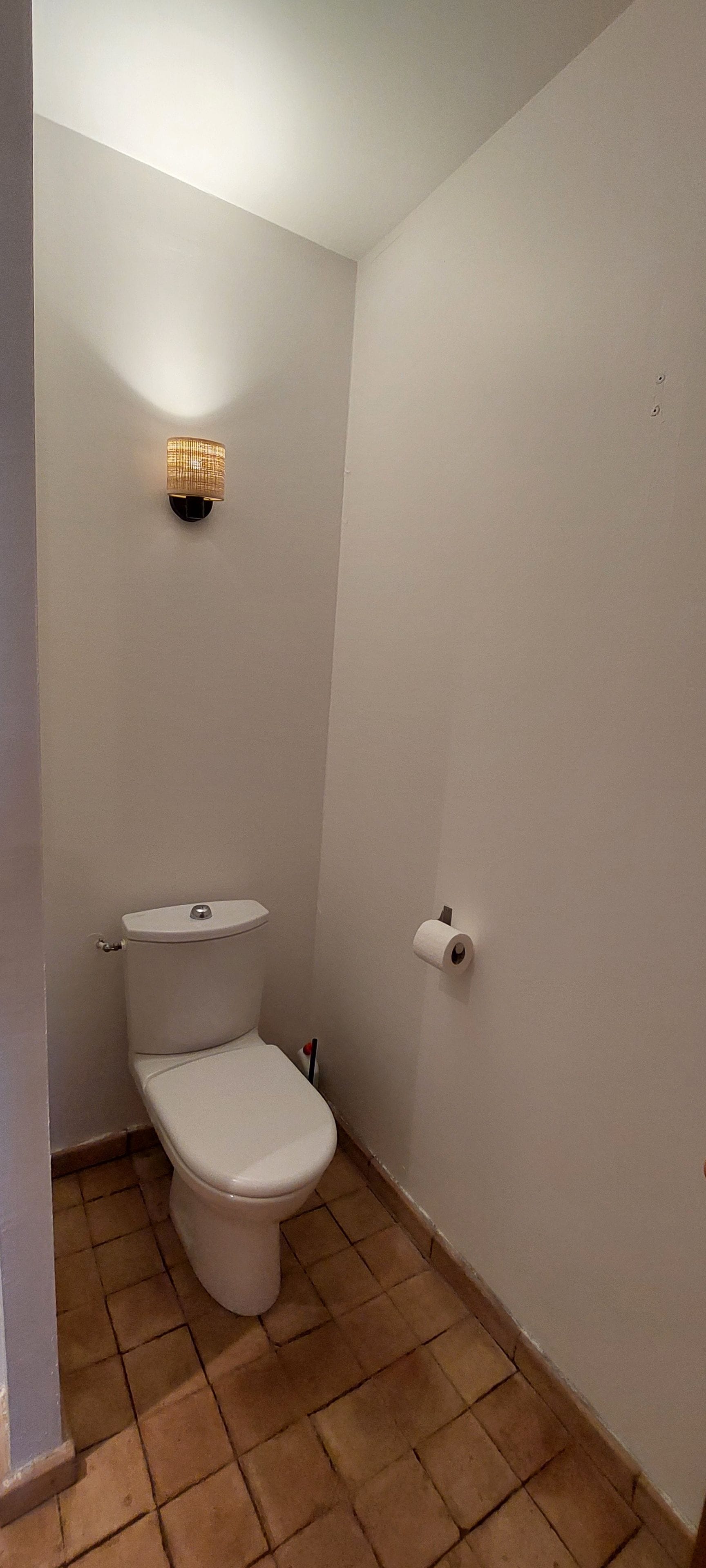 A small bathroom with a toilet, a roll of toilet paper, and a wall-mounted light fixture.