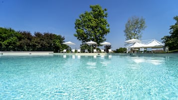 Seasonal outdoor pool, pool umbrellas, pool loungers