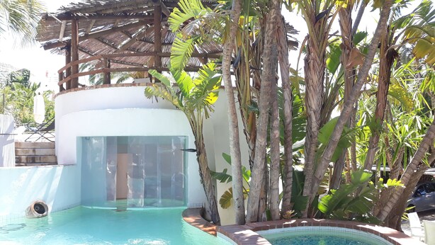 Una piscina con una fontana d'acqua cristallina e una piccola vasca idromassaggio, circondata da piante tropicali e un pergolato in legno.